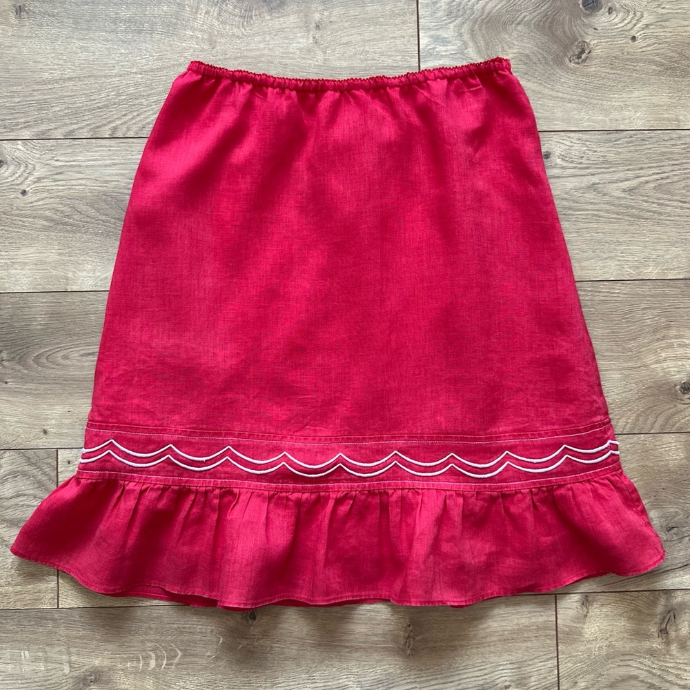 Anthropologie Fei Red Linen Skirt | Size XS | Ruffled Hem with Scalloped Trim